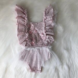 Pink Ruffled Tulle Baby Romper Embroidered Smash Cake Birthday Onesie